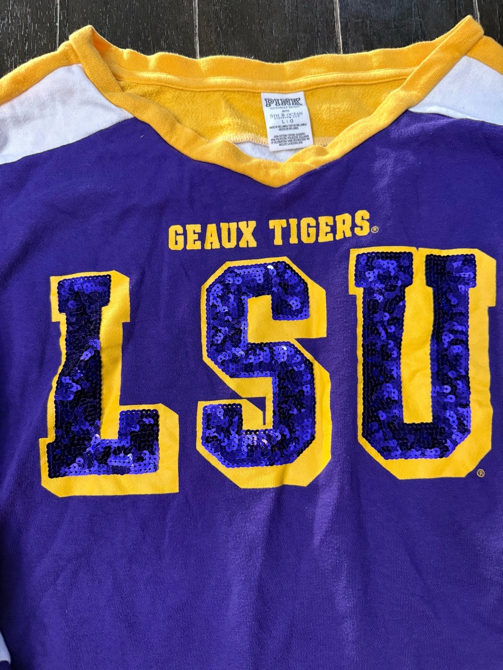 PINK Victoria's Secret x 5th Ocean Purple, Gold & White LSU V-Neck Jersey Shirt - Picture 3 of 6